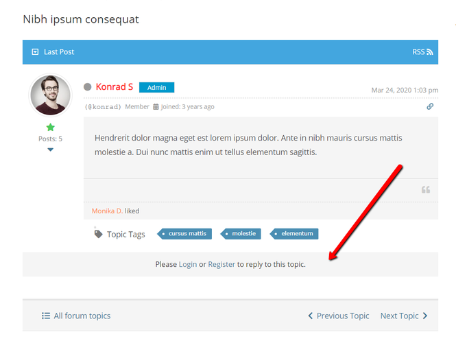 wpForo login register message in topics